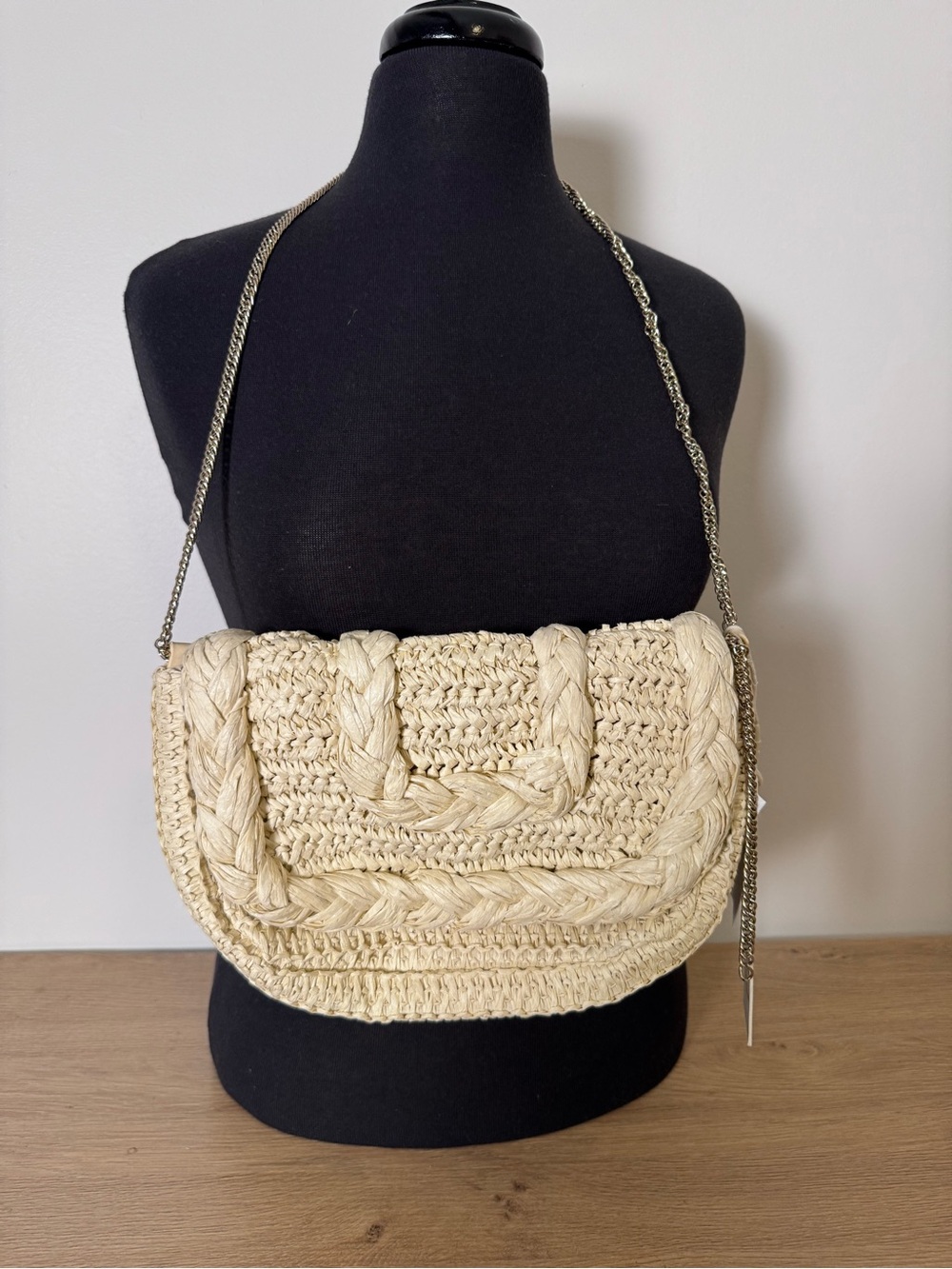 Madison West Cream Woven Crossbody with Silver Chain
